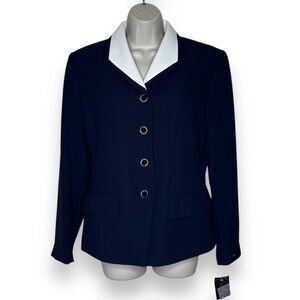 NWT Le Suit Navy Ivory Lapel Blazer Jacket Button Front Fully Lined Women Size 6